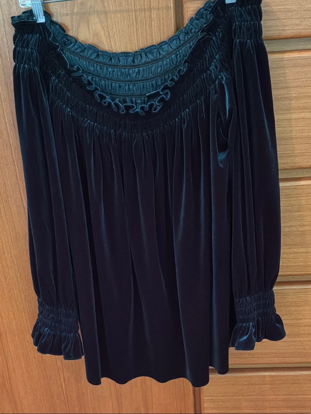 Norma Kamali green Velvet Smocked Ruffle Long Sleeve Top